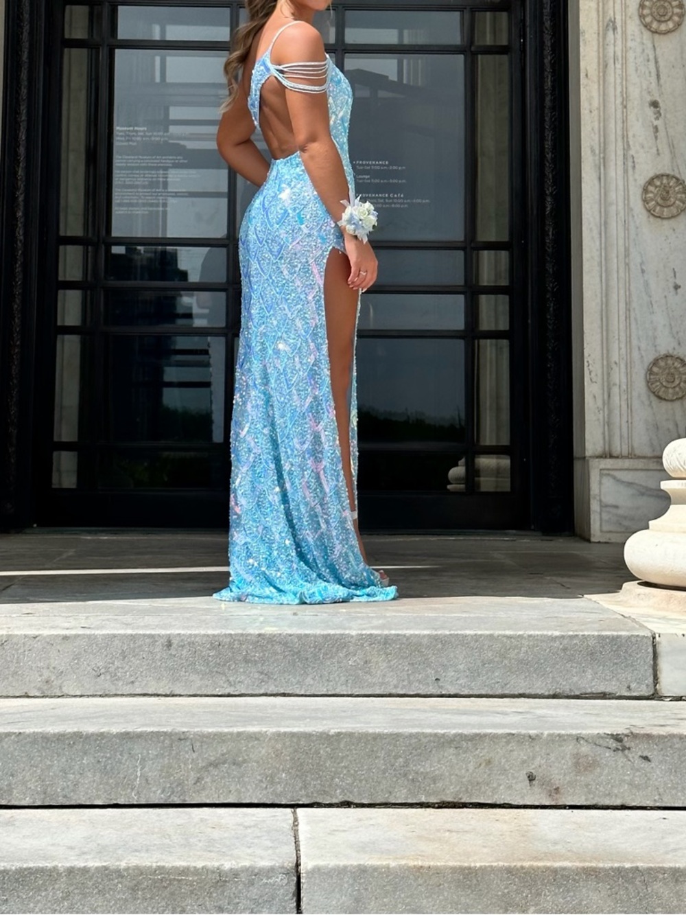 Rachel Allan Light Blue Beaded Prom Dress